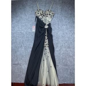 Michelle Kim Dress Small Black Crystals Sequin Sheer Prom Whimsigoth Slit Leg